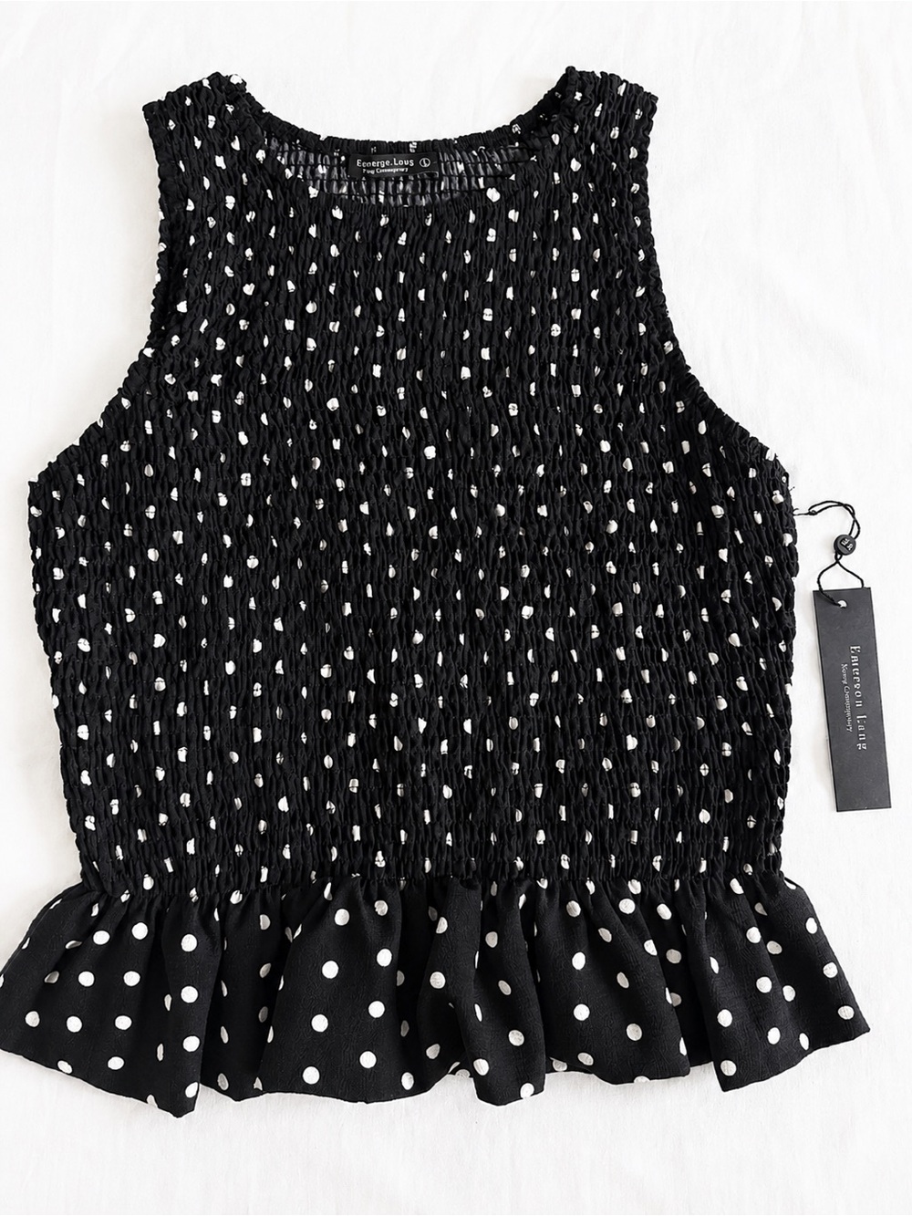 NWT Emerson Lang Black & White Polka Dot Smocked Peplum Blouse Size L